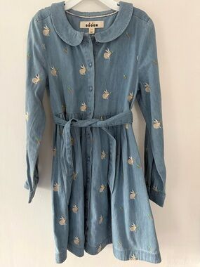 Mini Boden Light Blue Denim Dress with White Bunny Embroidery
